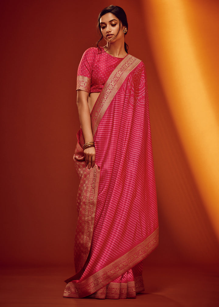 Raspberry Pink Designer Saree in Woven Viscose Silk with Digital Prints