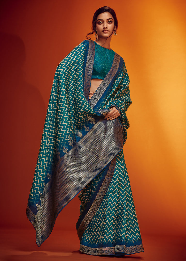 Shades Of Blue Digital Printed Saree in Woven Viscose Silk Fabric