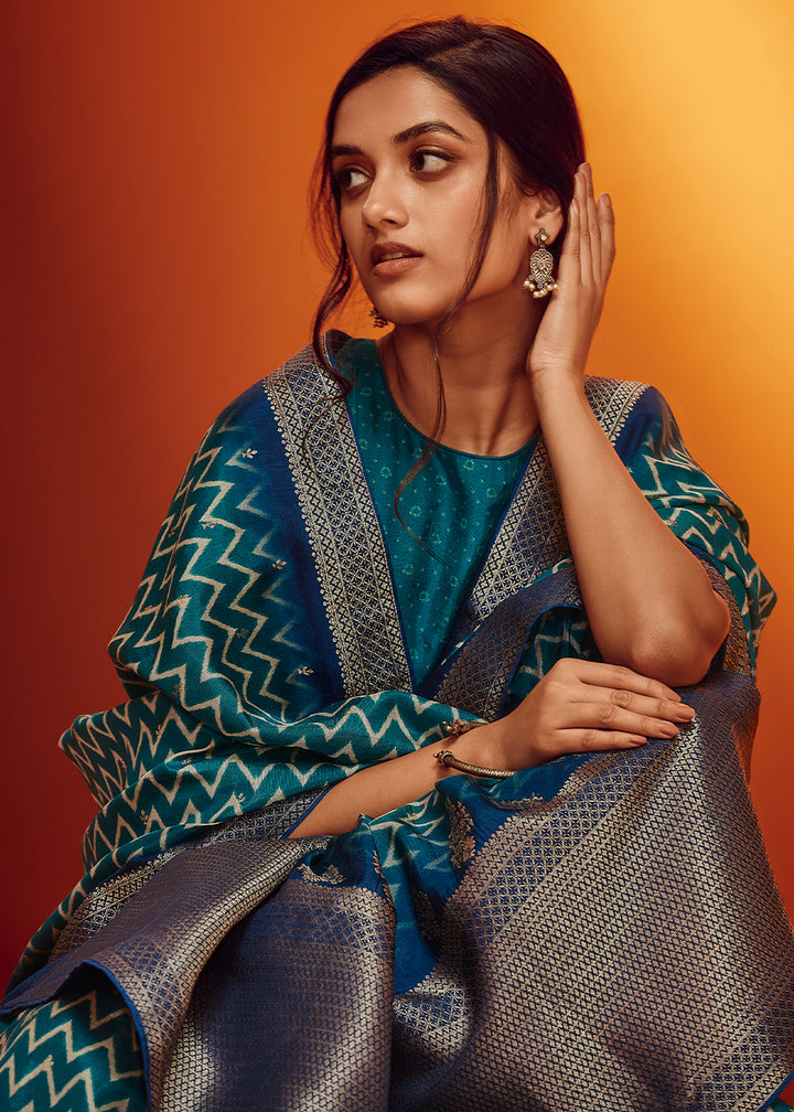 Shades Of Blue Digital Printed Saree in Woven Viscose Silk Fabric
