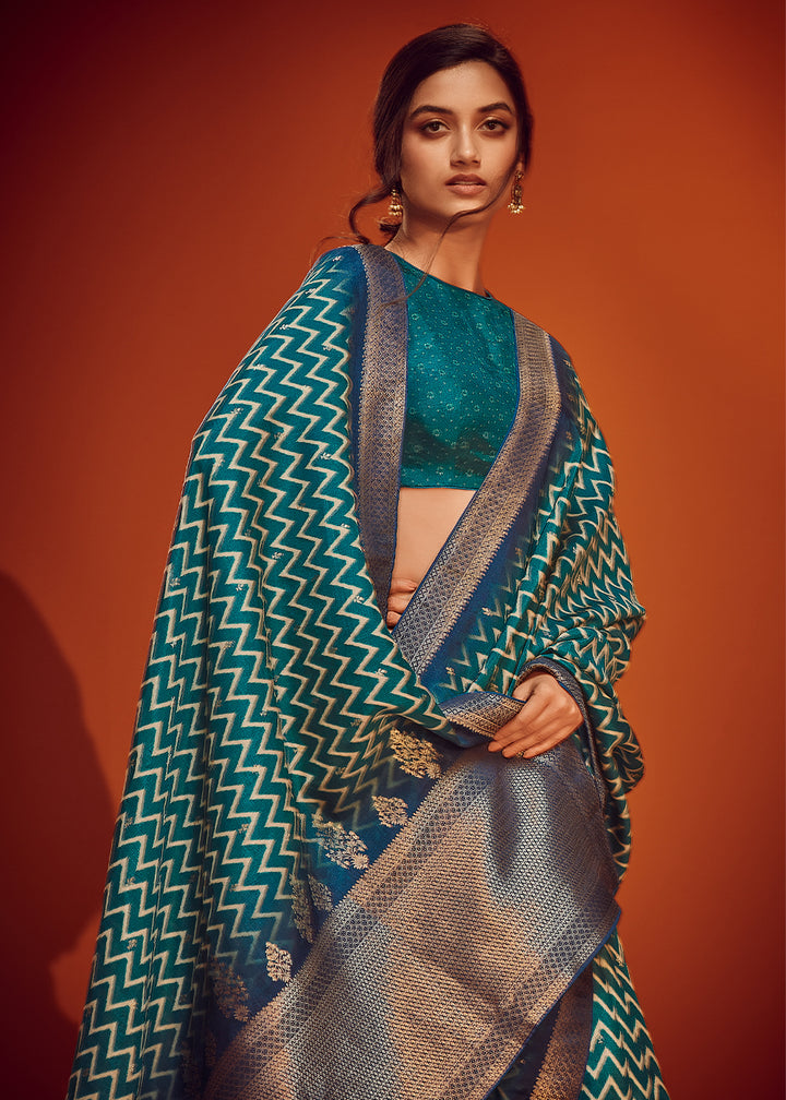 Shades Of Blue Digital Printed Saree in Woven Viscose Silk Fabric