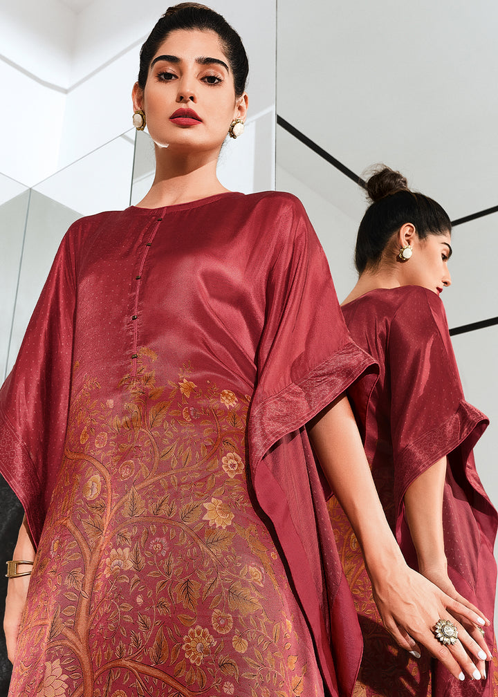 Crayola Reddish Pink Gaji Silk Kaftan Set with Floral Digital Prints