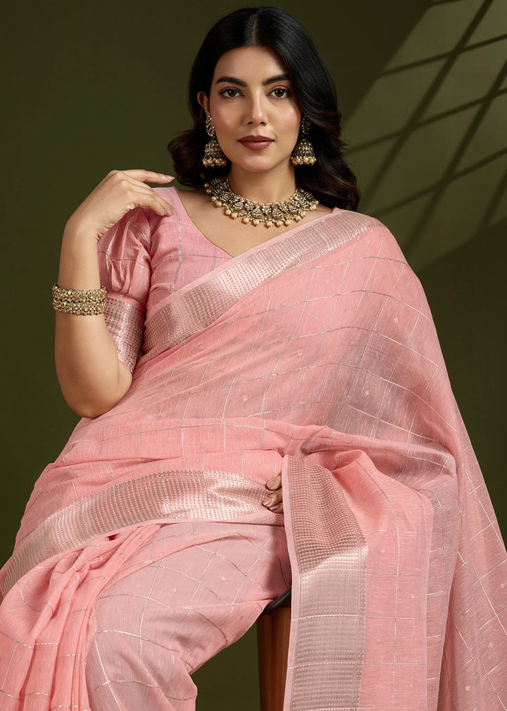 Peach Pink Soft Silk Saree with All Over Zari Woven Patterns