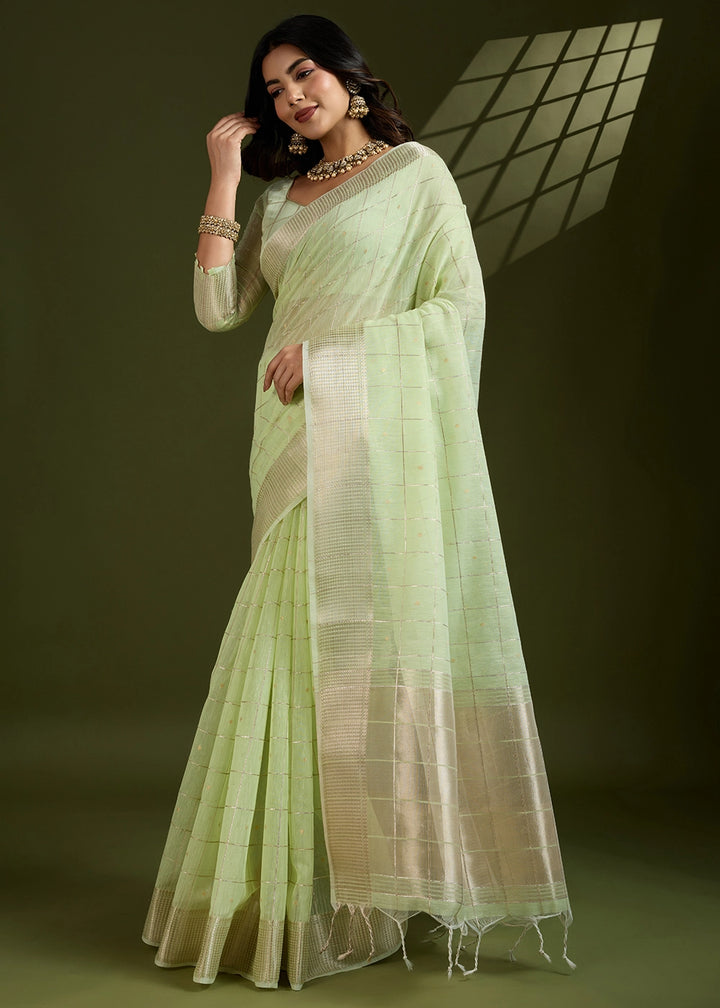 Light Green Soft Silk Saree with All Over Zari Woven Patterns