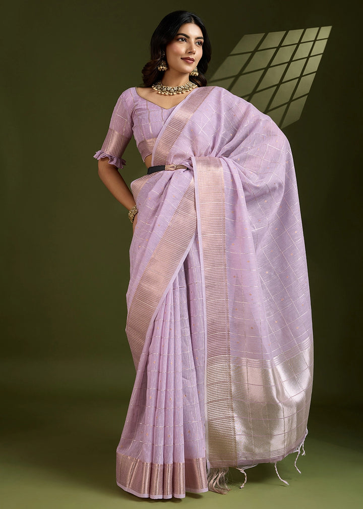 Pastel Purple Soft Silk Saree with All Over Zari Woven Patterns