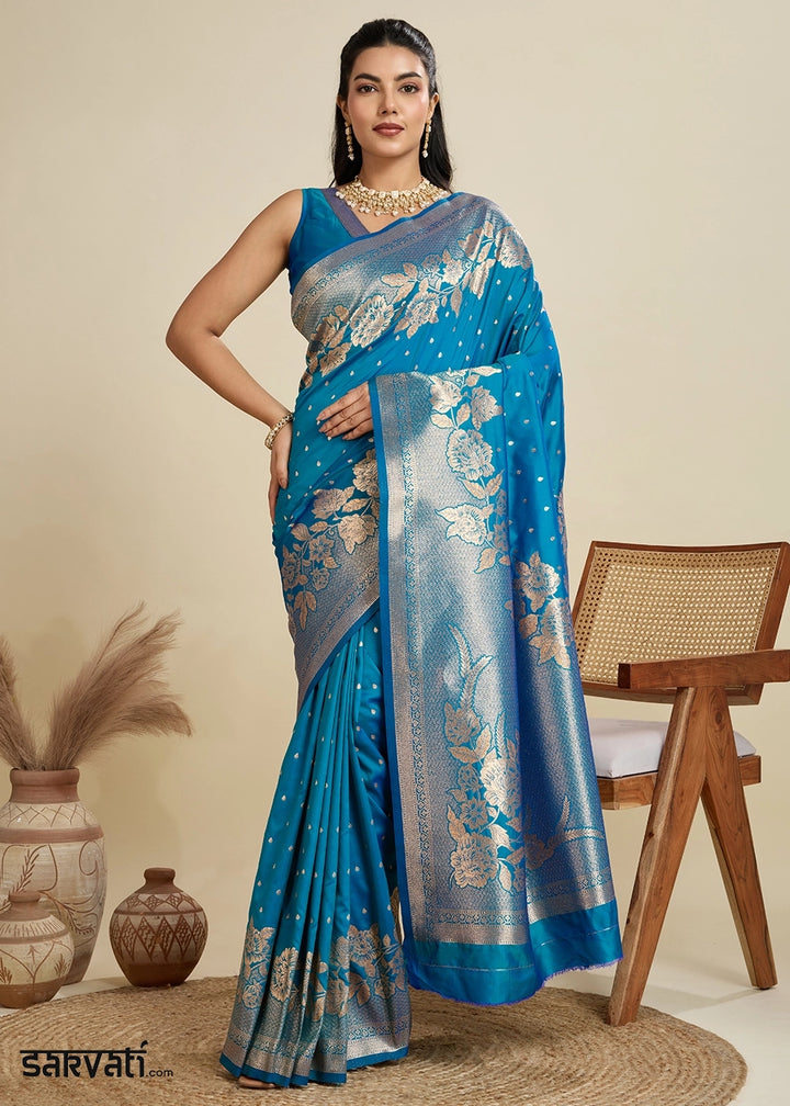 Cerulean Blue Banarasi Silk Saree Embellished with Zari Woven Buttas