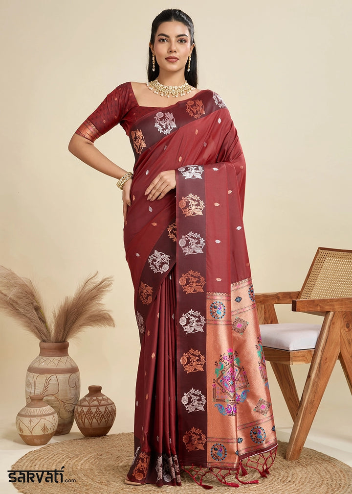 Chocolate Brown Banarasi Silk Saree with Intricate Zari & Paithani Pallu Work