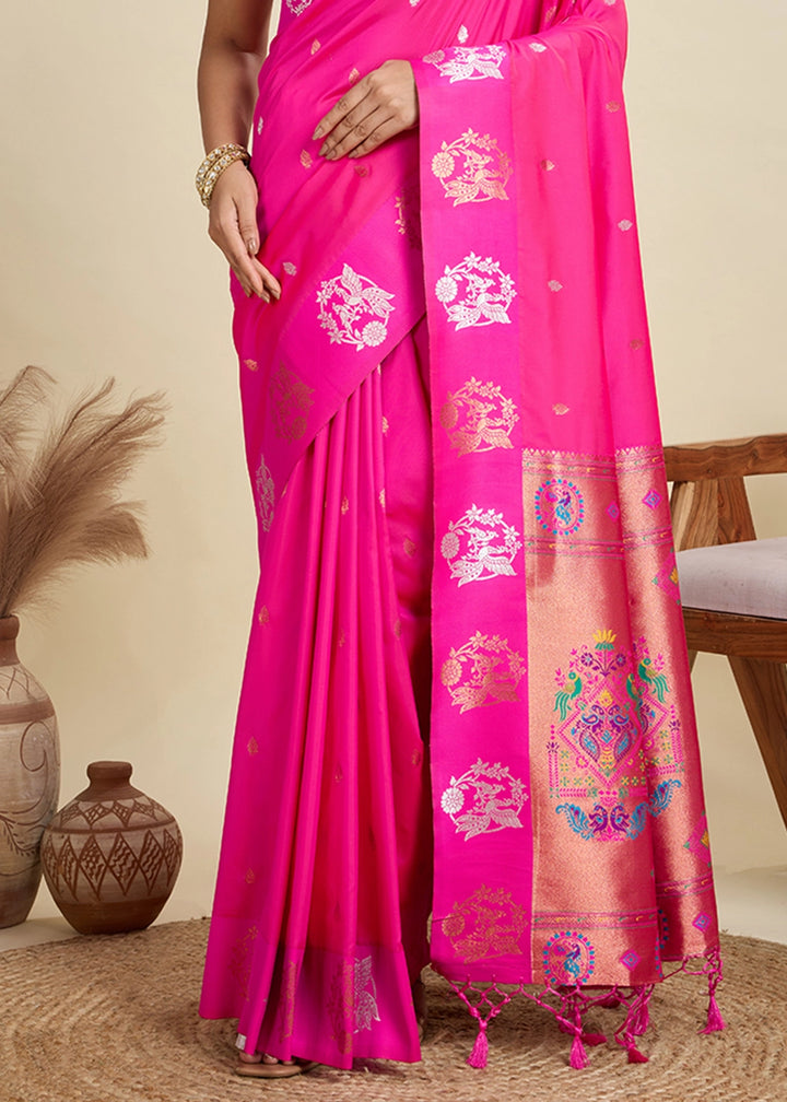 Hot Pink Banarasi Silk Saree with Intricate Zari & Paithani Pallu Work