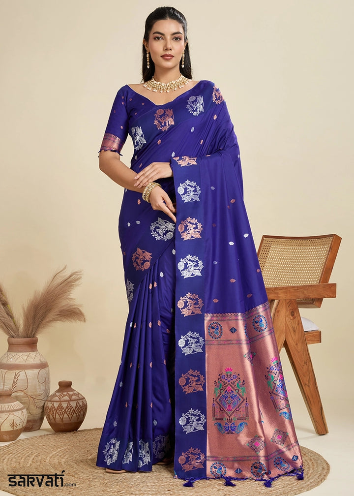 Admiral Blue Banarasi Silk Saree with Intricate Zari & Paithani Pallu Work