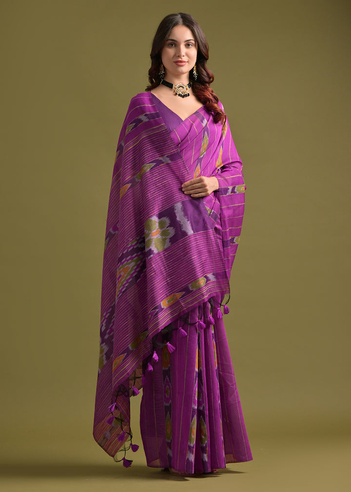 Royal Purple Pink Cotton Ikkat Saree – Soft, Stylish, and Summer-Friendly