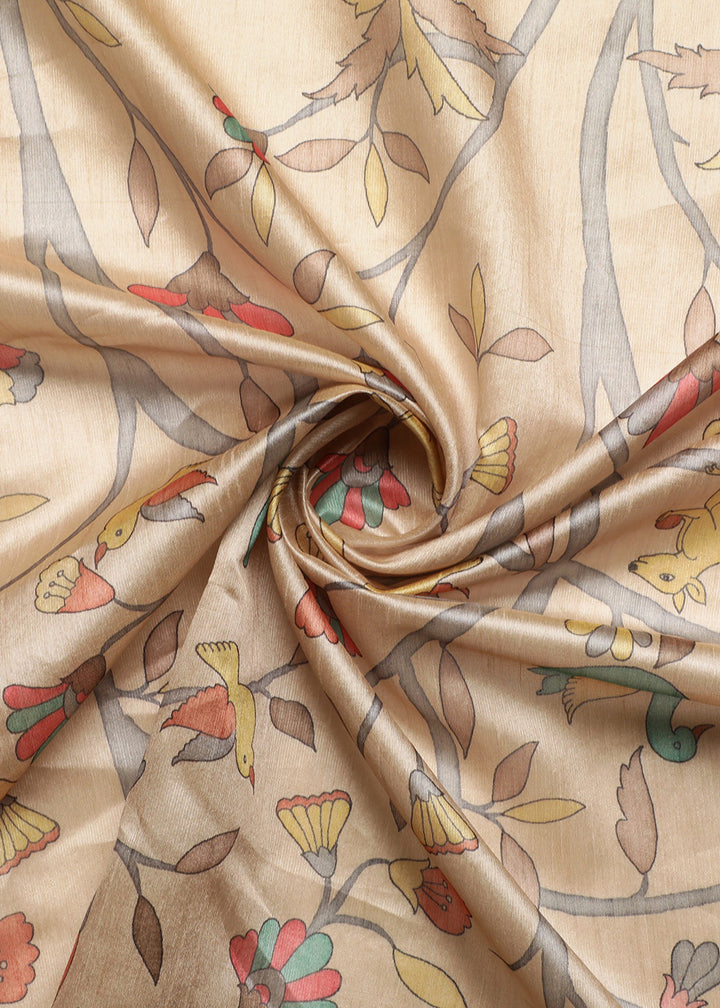 Beige Brown and Grey Soft Tussar Silk Saree with Kalamkari Art Prints