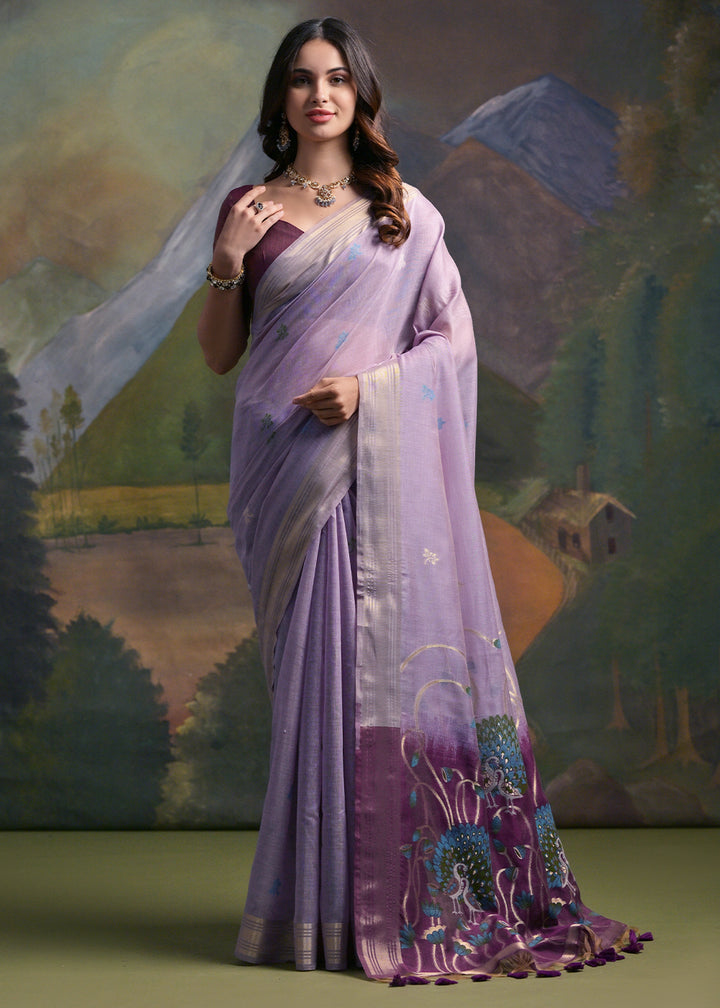 Shades Of Purple Muga Cotton Saree with Peacock Thread Woven Pallu & Butti Weaves