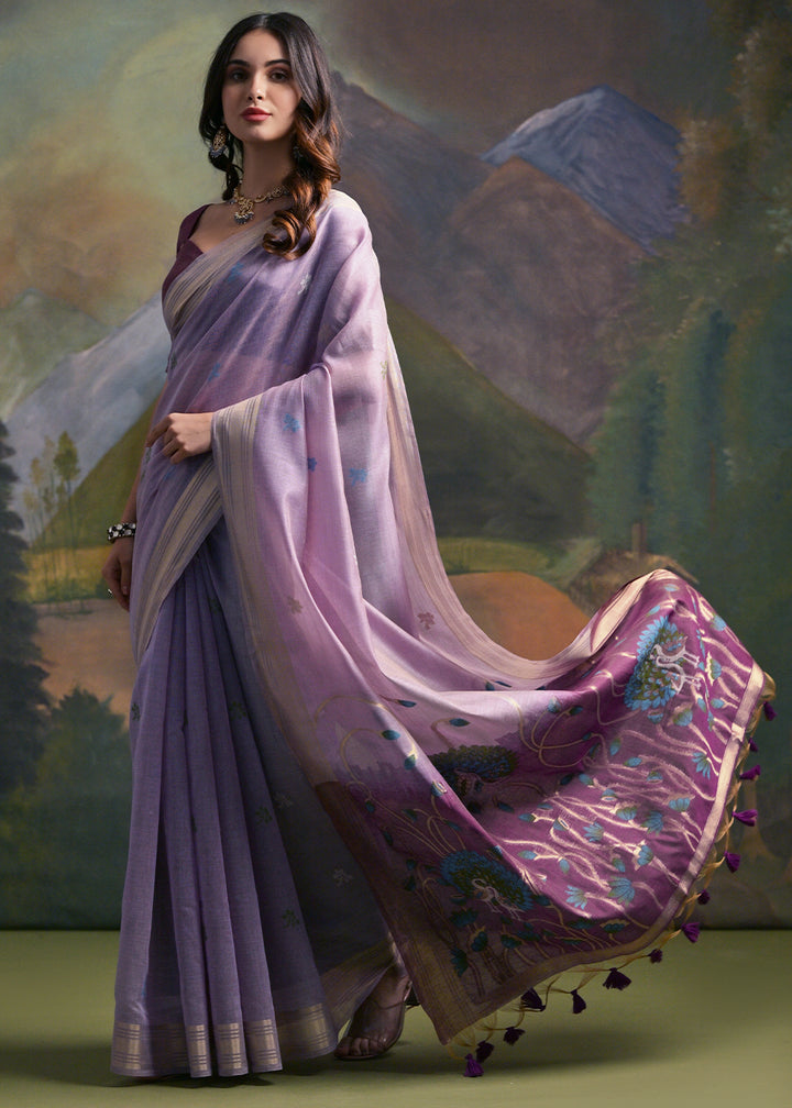 Shades Of Purple Muga Cotton Saree with Peacock Thread Woven Pallu & Butti Weaves