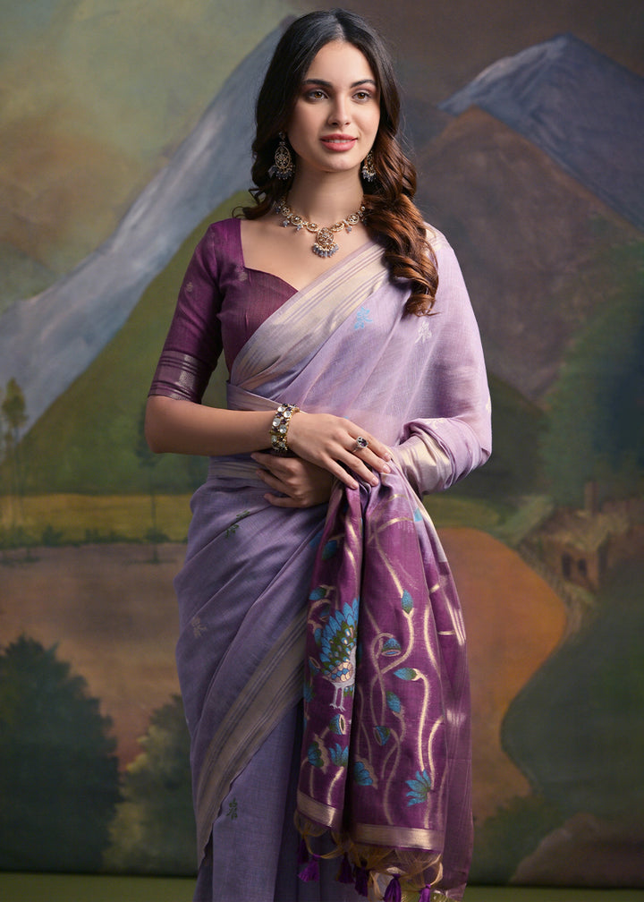 Shades Of Purple Muga Cotton Saree with Peacock Thread Woven Pallu & Butti Weaves