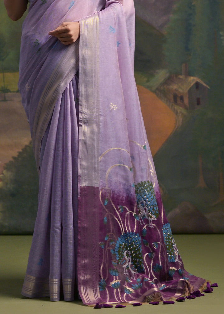 Shades Of Purple Muga Cotton Saree with Peacock Thread Woven Pallu & Butti Weaves