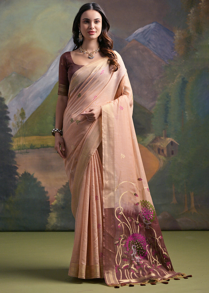 Light Peach Pink Muga Cotton Saree with Peacock Thread Woven Pallu & Butti Weaves