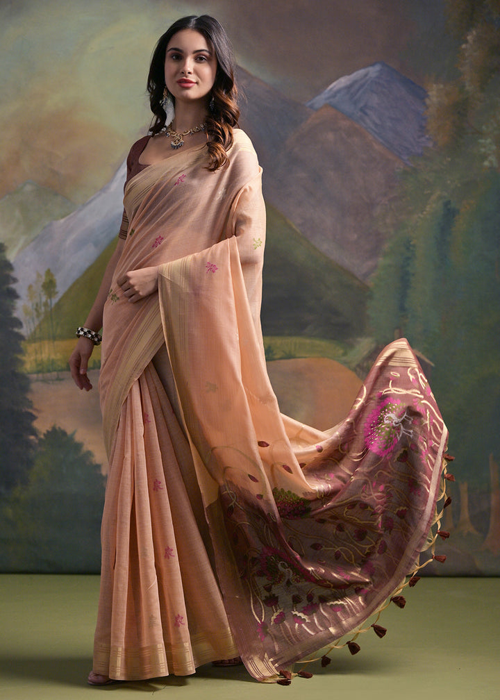 Light Peach Pink Muga Cotton Saree with Peacock Thread Woven Pallu & Butti Weaves
