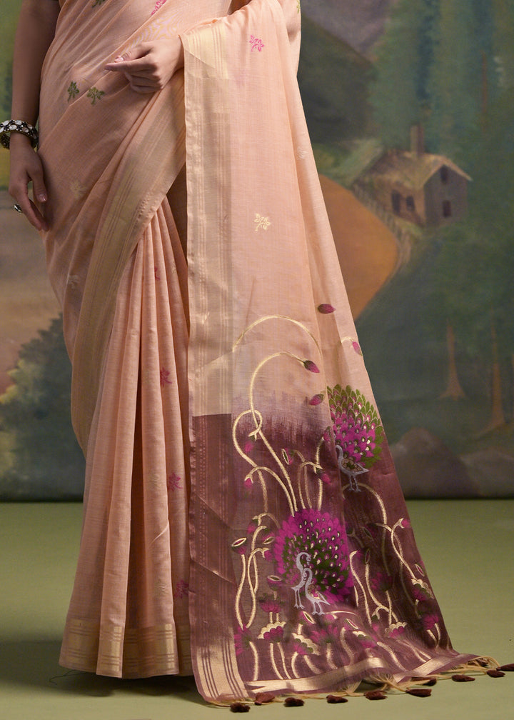 Light Peach Pink Muga Cotton Saree with Peacock Thread Woven Pallu & Butti Weaves