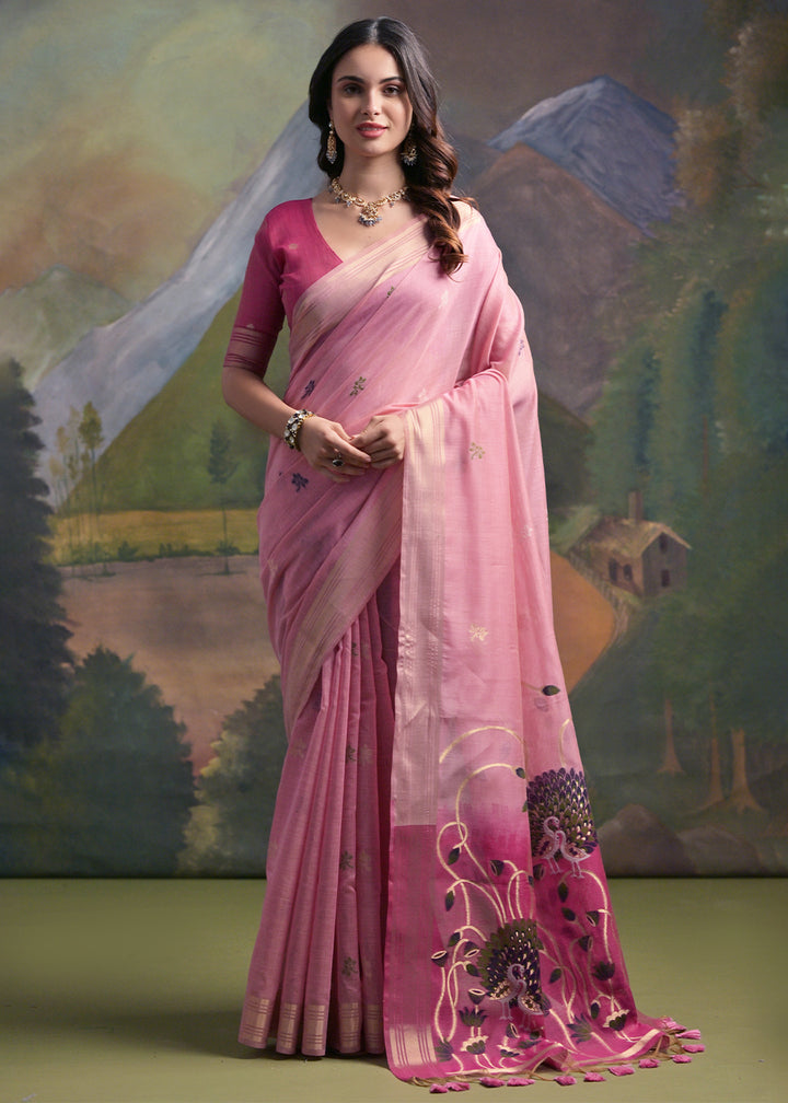 Shades Of Pink Muga Cotton Saree with Peacock Thread Woven Pallu & Butti Weaves