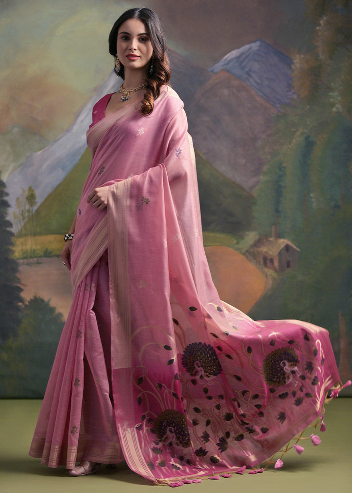 Shades Of Pink Muga Cotton Saree with Peacock Thread Woven Pallu & Butti Weaves