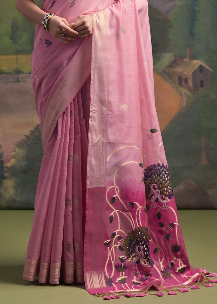 Shades Of Pink Muga Cotton Saree with Peacock Thread Woven Pallu & Butti Weaves