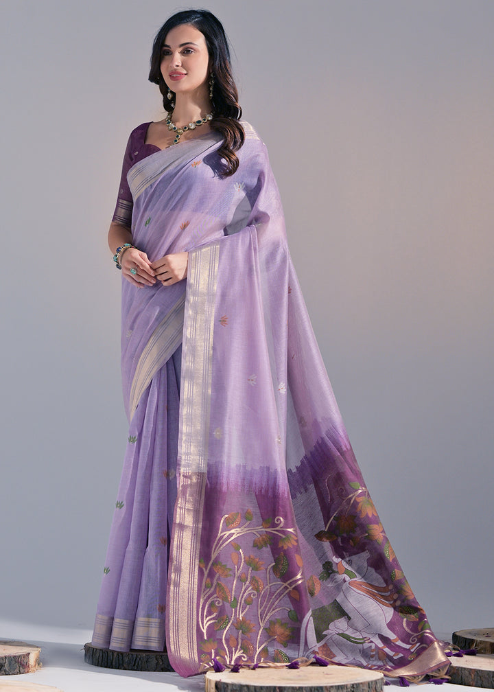 Shades Of Purple Muga Cotton Saree with Intricate Designer Pallu & Butti Weaves