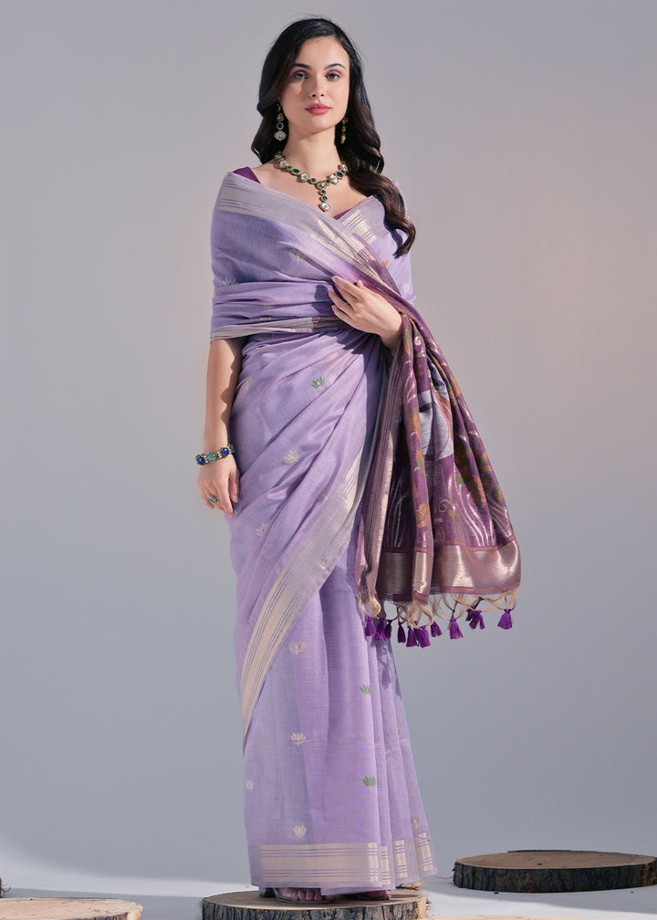 Shades Of Purple Muga Cotton Saree with Intricate Designer Pallu & Butti Weaves