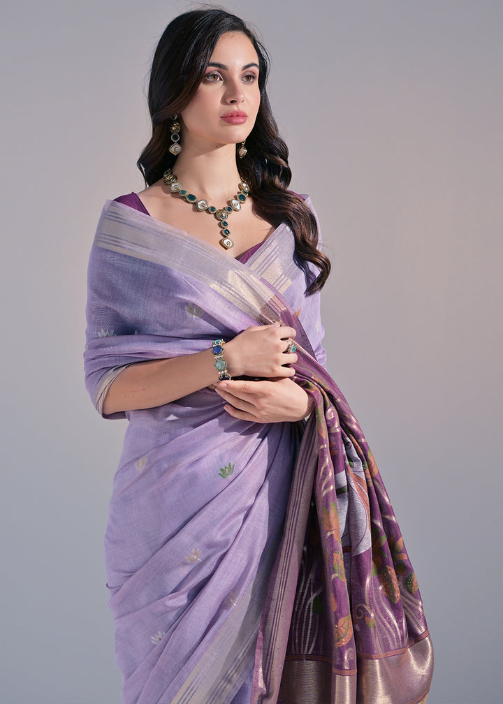 Shades Of Purple Muga Cotton Saree with Intricate Designer Pallu & Butti Weaves