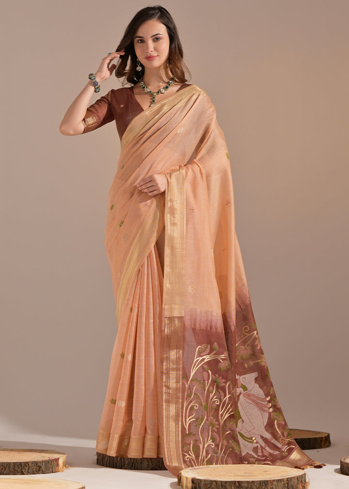 Light Orange Muga Cotton Saree with Intricate Designer Pallu & Butti Weaves