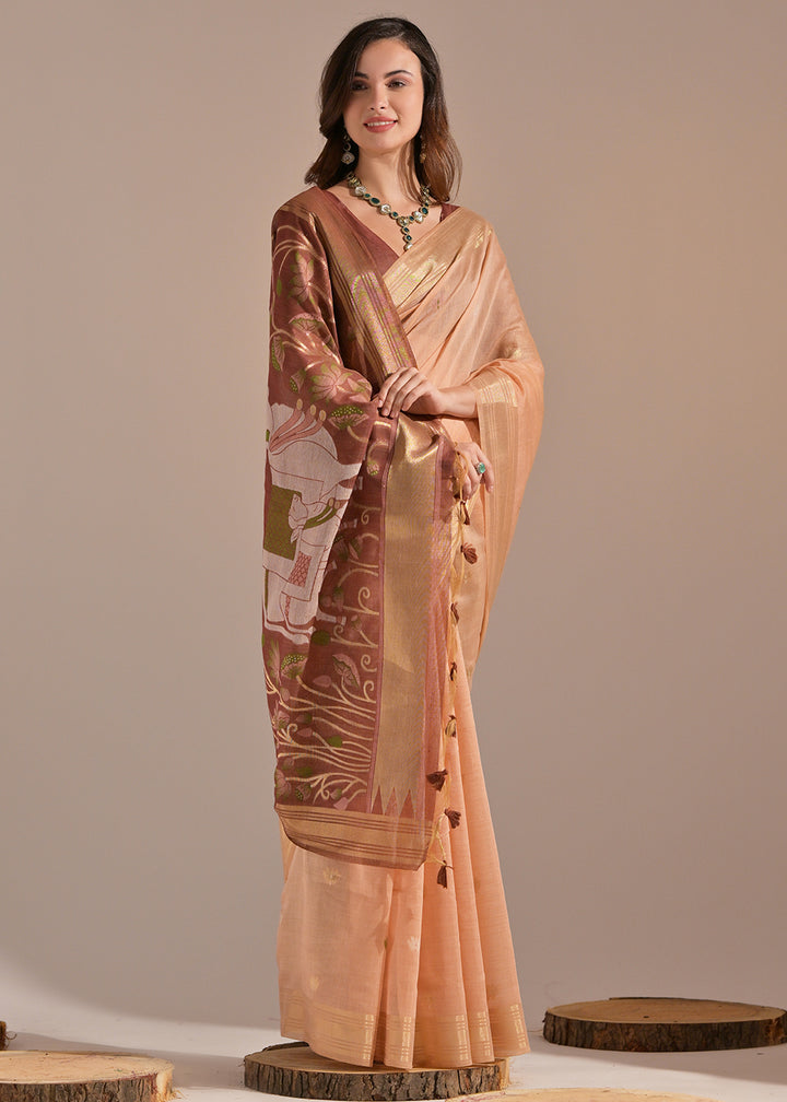 Light Orange Muga Cotton Saree with Intricate Designer Pallu & Butti Weaves