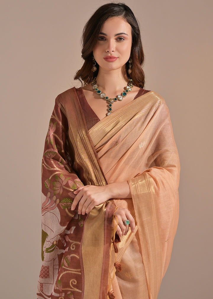 Light Orange Muga Cotton Saree with Intricate Designer Pallu & Butti Weaves