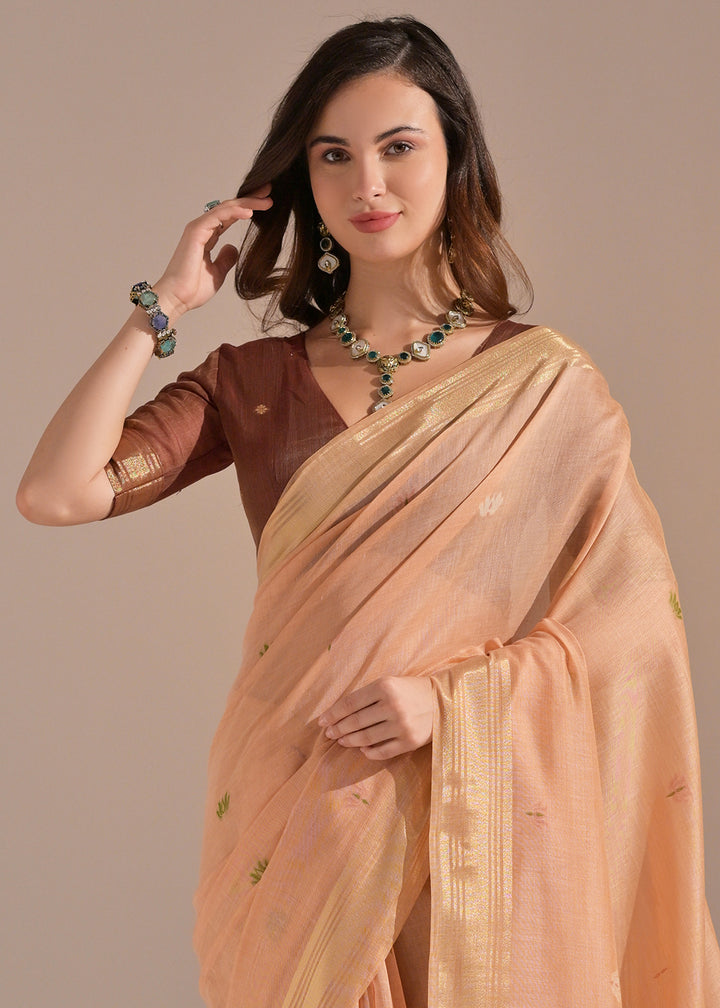 Light Orange Muga Cotton Saree with Intricate Designer Pallu & Butti Weaves