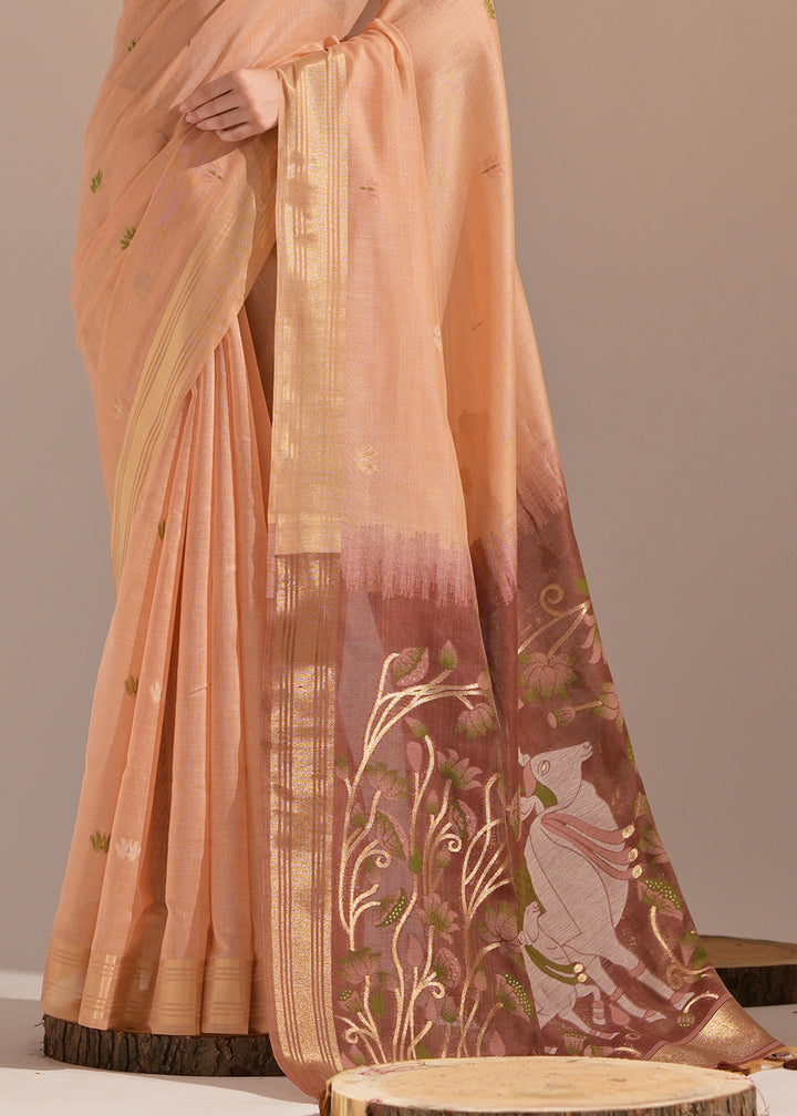 Light Orange Muga Cotton Saree with Intricate Designer Pallu & Butti Weaves