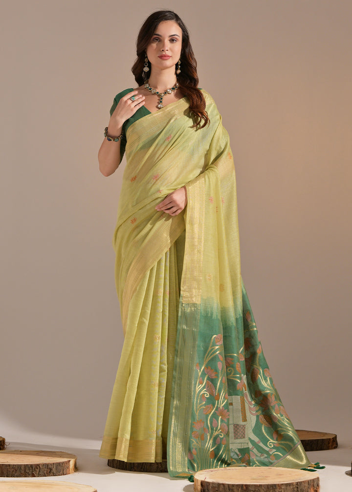 Shades Of Green Muga Cotton Saree with Intricate Designer Pallu & Butti Weaves