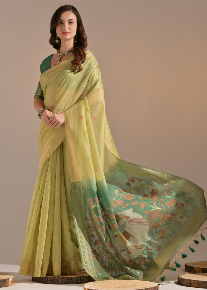 Shades Of Green Muga Cotton Saree with Intricate Designer Pallu & Butti Weaves