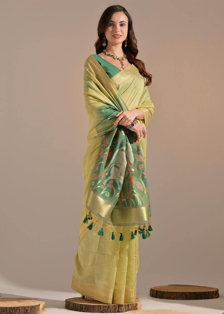 Shades Of Green Muga Cotton Saree with Intricate Designer Pallu & Butti Weaves