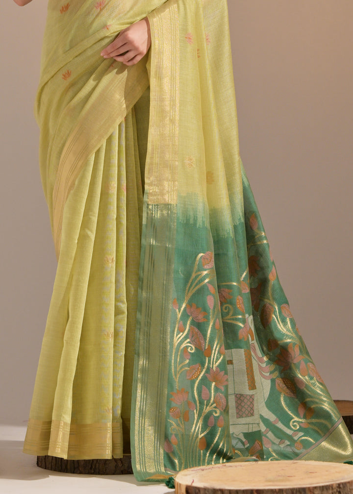 Shades Of Green Muga Cotton Saree with Intricate Designer Pallu & Butti Weaves