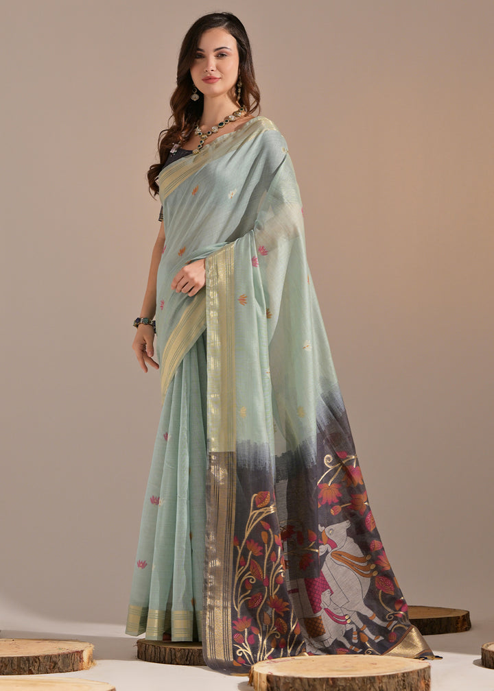 Light Blue Muga Cotton Saree with Intricate Designer Pallu & Butti Weaves
