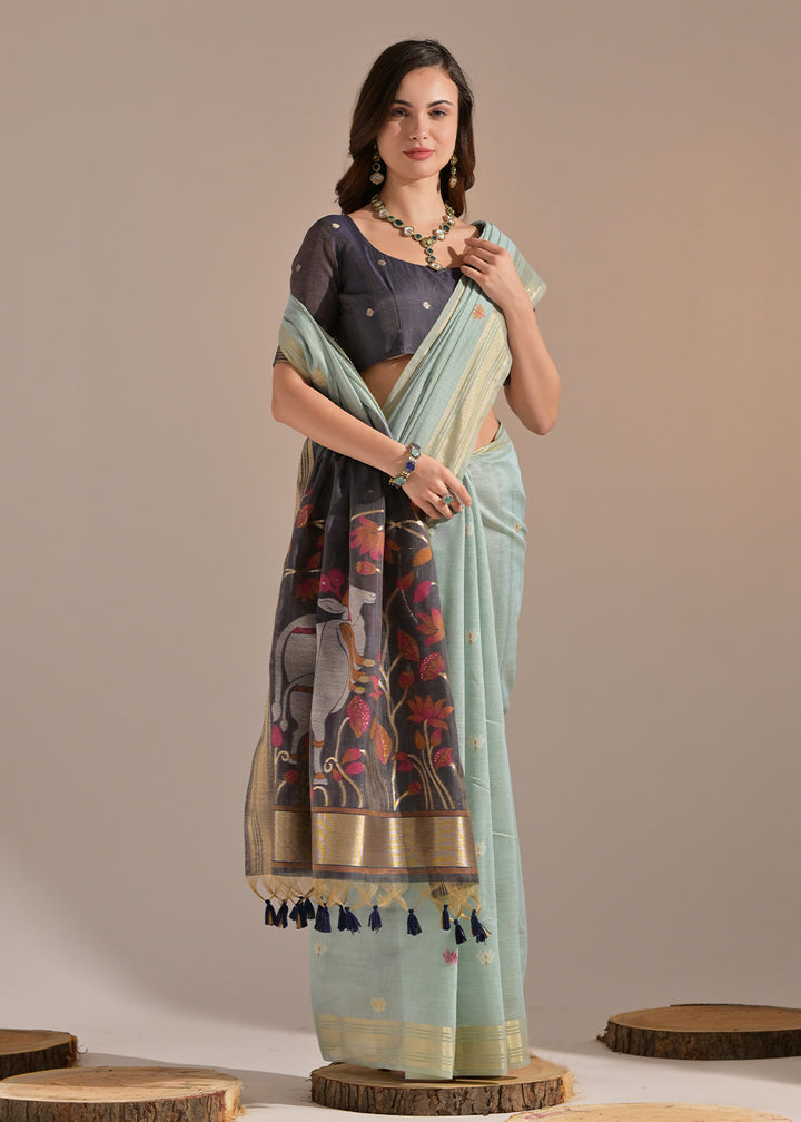 Light Blue Muga Cotton Saree with Intricate Designer Pallu & Butti Weaves