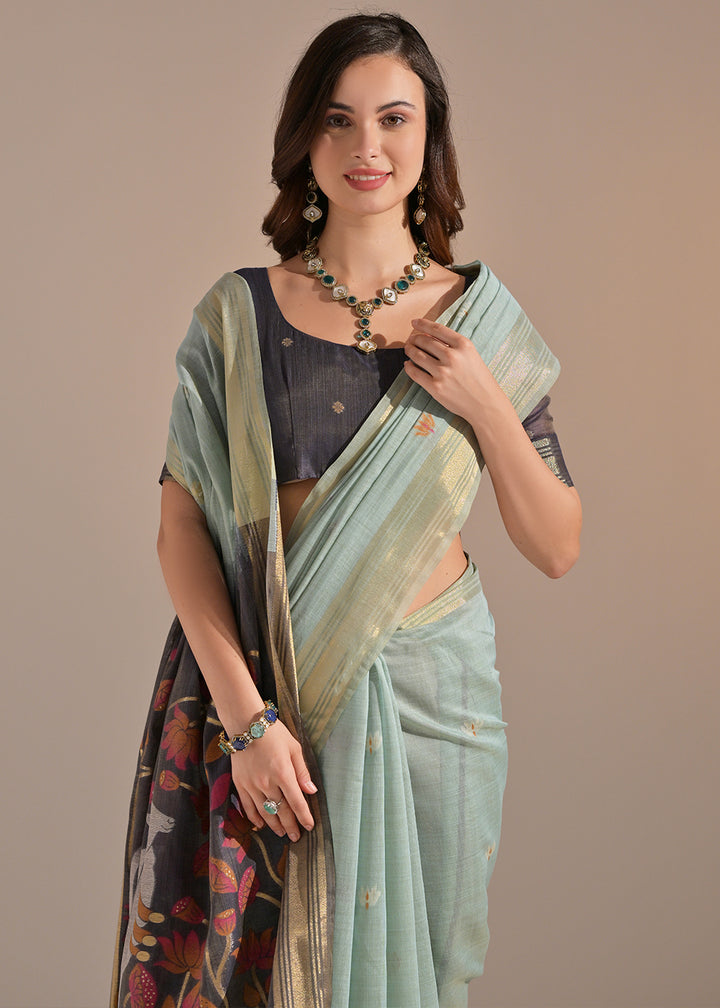 Light Blue Muga Cotton Saree with Intricate Designer Pallu & Butti Weaves