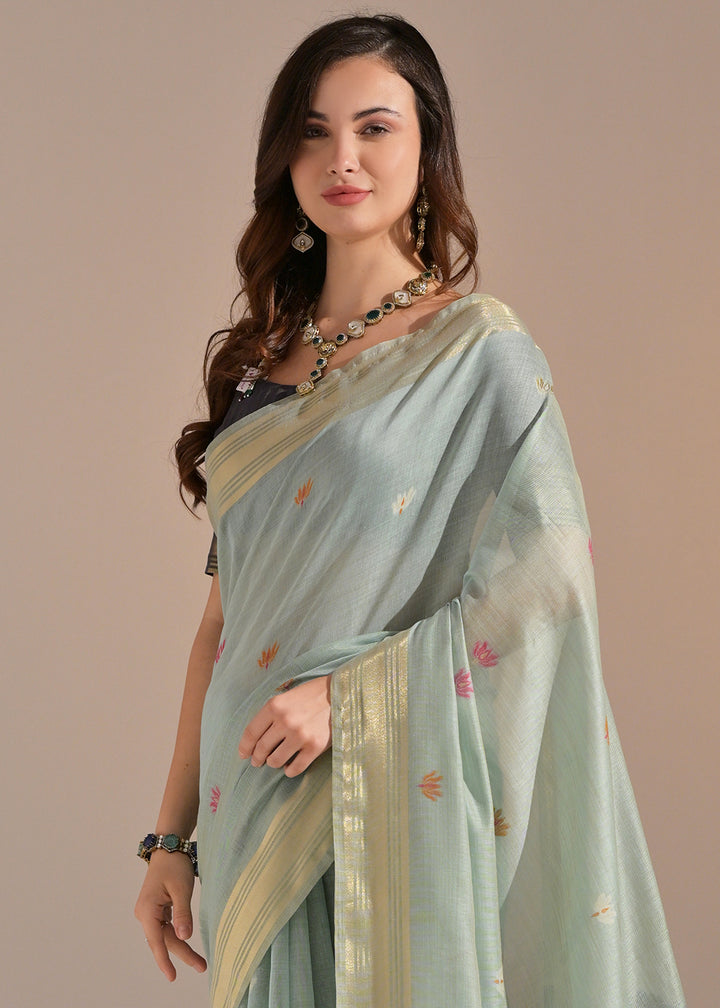 Light Blue Muga Cotton Saree with Intricate Designer Pallu & Butti Weaves