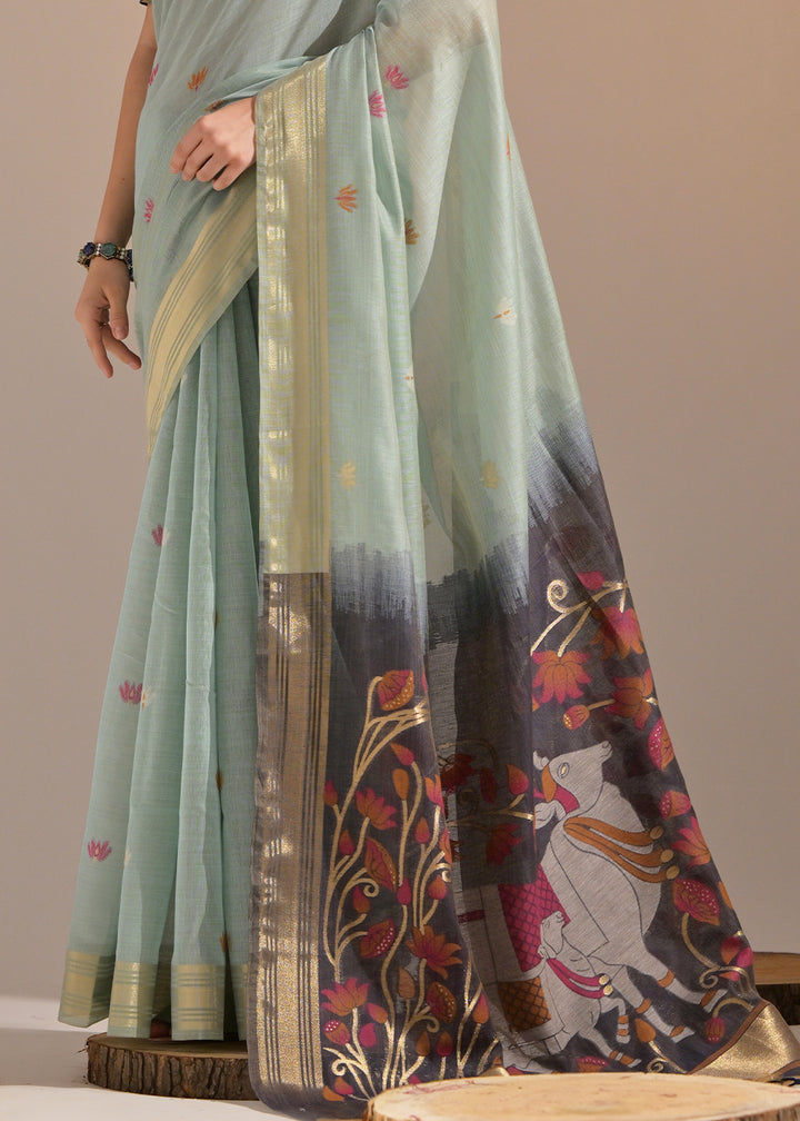 Light Blue Muga Cotton Saree with Intricate Designer Pallu & Butti Weaves