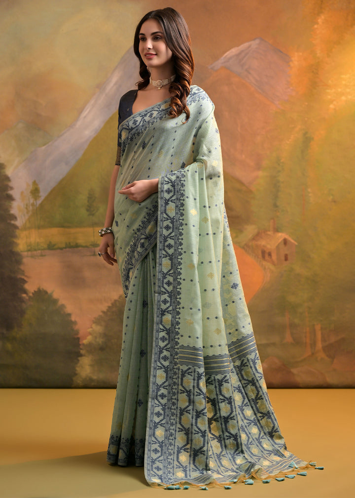 Beige Brown Handcrafted Muga Cotton Saree with All-Over Butti Thread Weaving