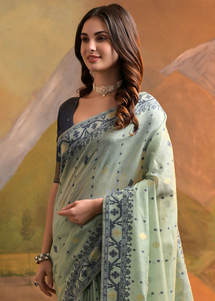 Beige Brown Handcrafted Muga Cotton Saree with All-Over Butti Thread Weaving