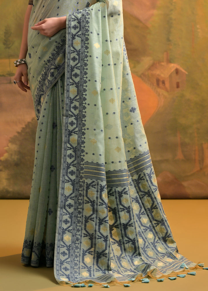 Beige Brown Handcrafted Muga Cotton Saree with All-Over Butti Thread Weaving