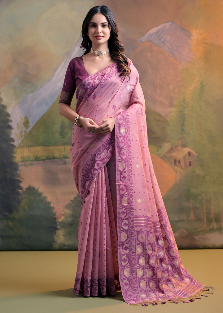 Shades Of Pink Handcrafted Muga Cotton Saree with All-Over Butti Thread Weaving