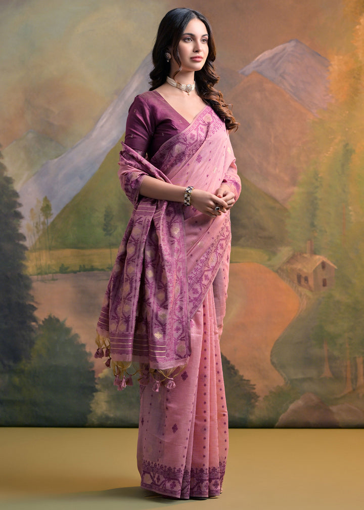 Shades Of Pink Handcrafted Muga Cotton Saree with All-Over Butti Thread Weaving