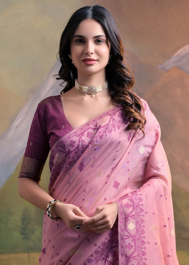 Shades Of Pink Handcrafted Muga Cotton Saree with All-Over Butti Thread Weaving
