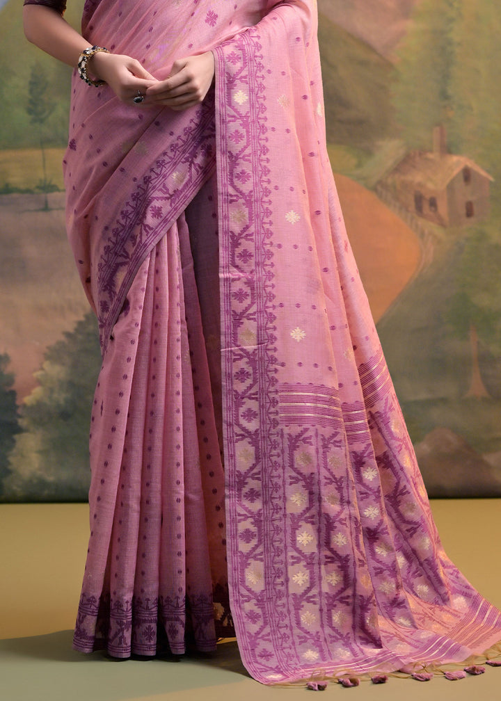 Shades Of Pink Handcrafted Muga Cotton Saree with All-Over Butti Thread Weaving