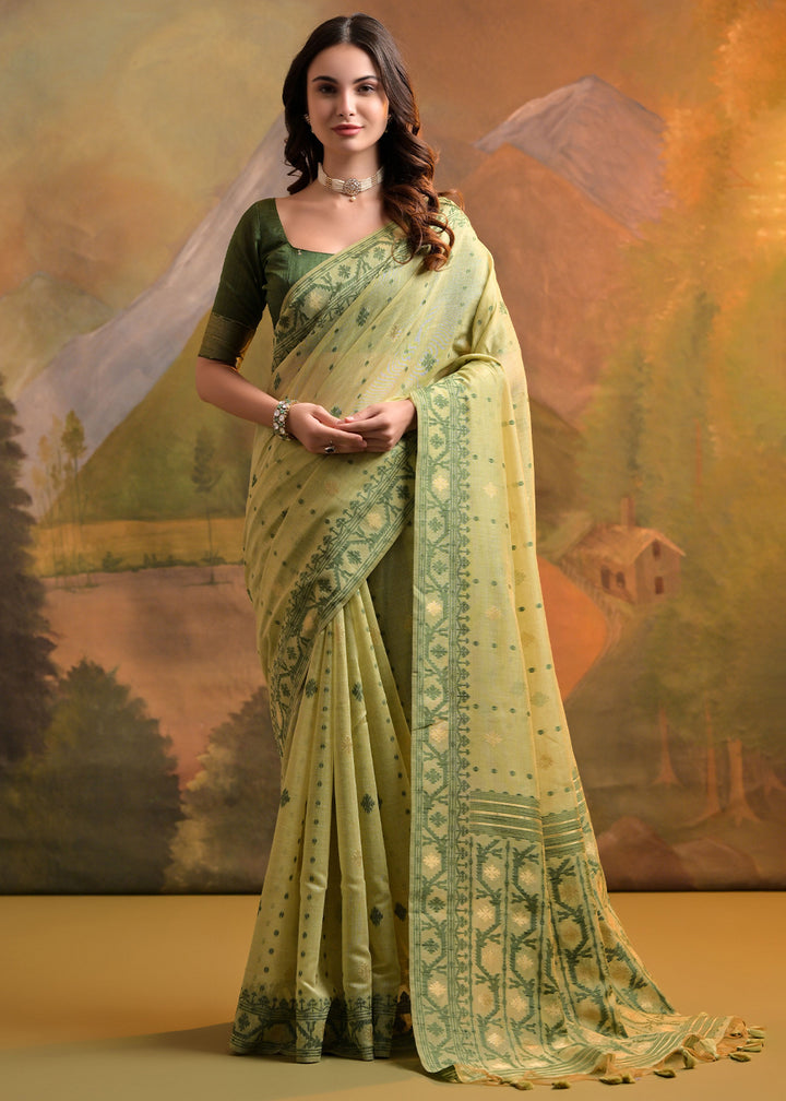 Pistachio Green Handcrafted Muga Cotton Saree with All-Over Butti Thread Weaving