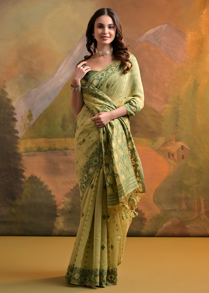 Pistachio Green Handcrafted Muga Cotton Saree with All-Over Butti Thread Weaving
